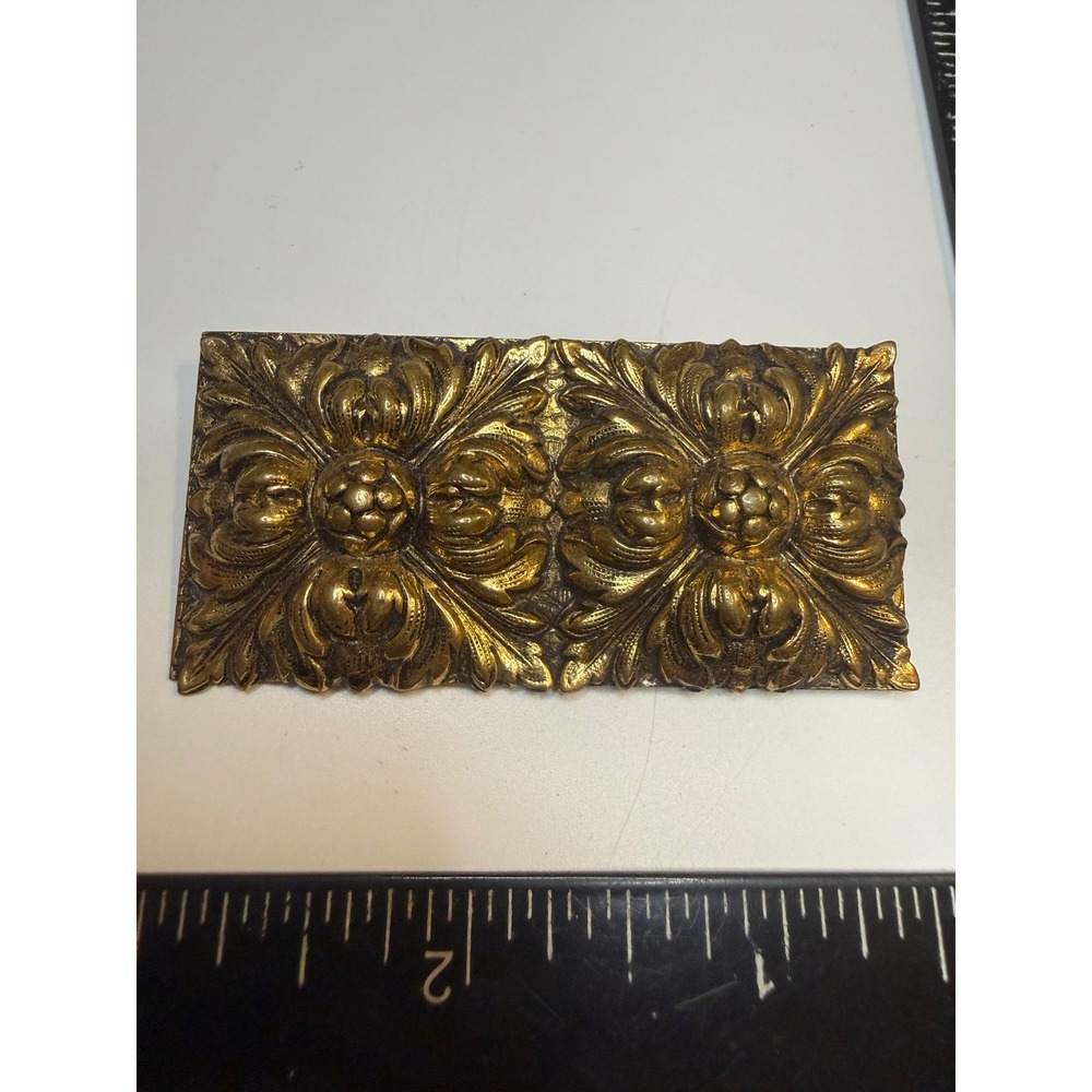 Ornate Gold Tone Floral Repousse Rectangular Brooch Pin Pat 2066965